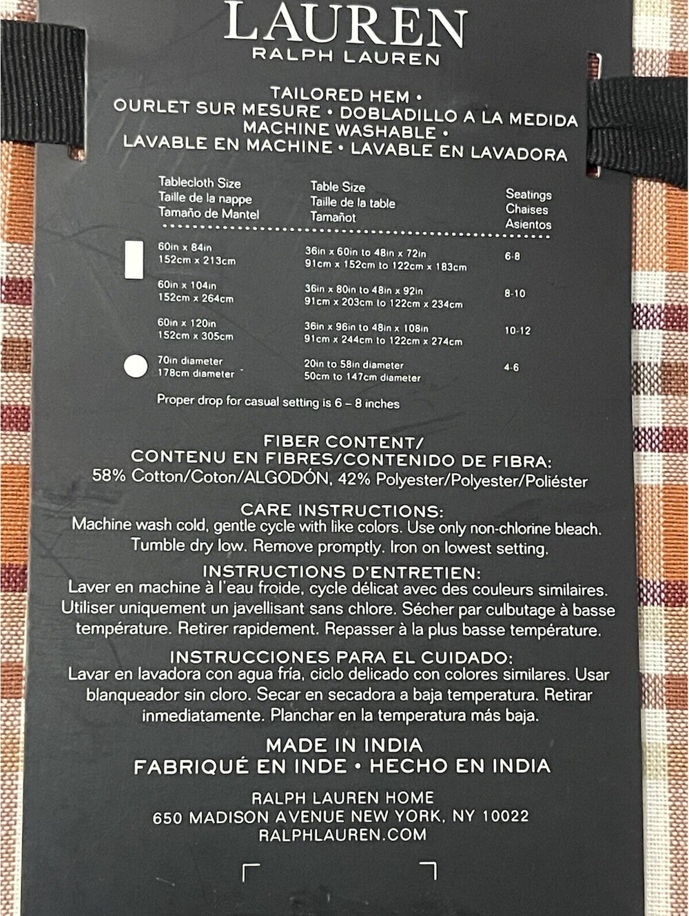 RALPH LAUREN Tablecloth 60x84 Orange Tartan Plaid Autumn Fall Cotton Oblong NIP - Picture 8 of 8